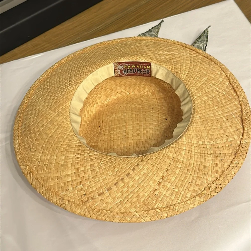 Hawaiian Headwear Straw Hat with Green Print Band & Bow